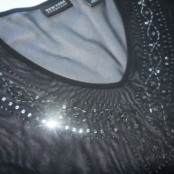 Blouse MEDIUM V-neck Slim Fit Top Medium Sheer Black Beaded long sleeve - Picture 3 of 5